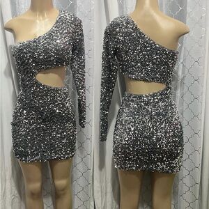 Silver Sequin One-Shoulder Dress